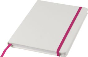 Spectrum weißes A5 Notizbuch mit farbigem Gummiband als Werbeartikel