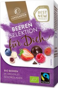 Bio-Beeren-Selektion in dreierlei Schokoladen Premium Box "für dich" 90g mit Logo Button als Werbeartikel
