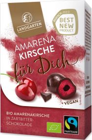 Bio Amarenakirsche in Zartbitter-Schokolade Premium Box "für dich" 90g mit Logo Button als Werbeartikel
