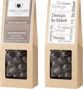 Kaffeebohnen in belgischer Zartbitterschokolade in der Faltschachtel als Werbeartikel