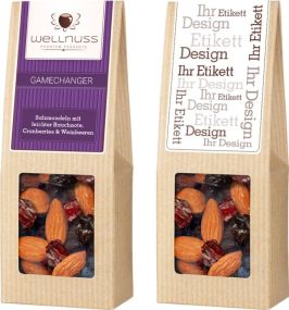 Nuss-Fruchtmix aus Salzmandeln mit leichter Rauchnote, Cranberries und Weinbeeren als Werbeartikel