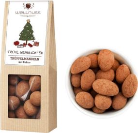 Trüffelmandeln mit Kakao in der Faltschachtel (Weihnachtsdesign) als Werbeartikel