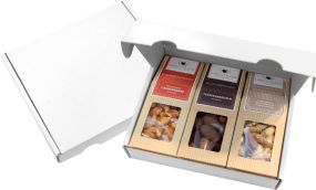 3 Premium Snacks im weißen Geschenkkarton als Werbeartikel