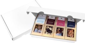 4 Premium Snacks im weißen Geschenkkarton als Werbeartikel