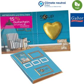 Süßes Briefchen mit Standard-Schokoladenherz als Werbeartikel
