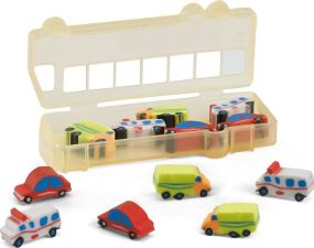 PACKEN Radiergummi-Set mit 12 Radiergummis in Form eines Autos in einer Schachtel in Auto-Form als Werbeartikel
