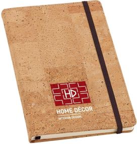 PORTEL Notizbuch aus Kork mit Elfenbein farbenen Blättern und vertikalem Riemen als Werbeartikel