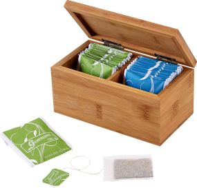 BURDOCK Teebox aus Bambus mit zwei Fächer in einer Kraftpapier-Schachtel als Werbeartikel