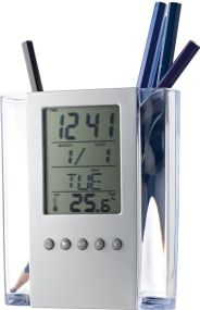 EDEM Kugelschreiberhalter aus Acryl mit Kalender Alarm und Thermometeranzeige als Werbeartikel