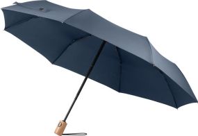 Faltbarer Regenschirm aus rPET mit Holzgriff River als Werbeartikel