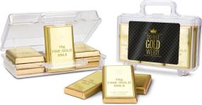 Goldkoffer mit 12 Schokoladen Goldbarren (120 g) als Werbeartikel