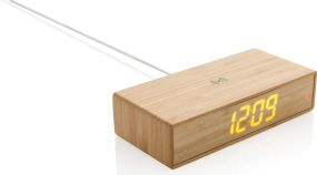 Wecker mit 5W Wireless Charger aus Bambus als Werbeartikel