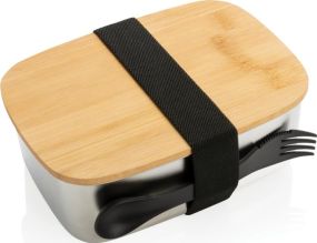Stainless Steel Lunchbox mit Bambus-Deckel und Göffel als Werbeartikel