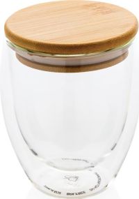Doppelwandiges Borosilikatglas mit Bambusdeckel 250ml als Werbeartikel