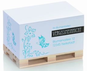 Zettelblock Mini-Holzpalette mit 1c-Werbedruck als Werbeartikel