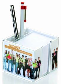 Doppelwandige Zettelbox mit Köcher mit 4c-Werbedruck als Werbeartikel
