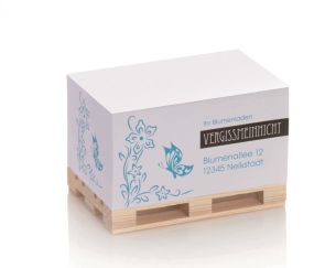 Zettelblock Mini-Holzpalette mit 1c-Werbedruck als Werbeartikel