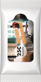 Mini-Feuchttücher inkl. 4c-Euroskala-Etikettendruck als Werbeartikel