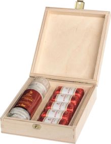 Holzbox mit süßen Mini Mühlen & Niederegger Klassiker/Happen - inkl. individuell gestaltetem Etikett als Werbeartikel