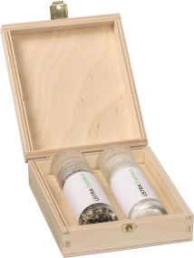 Holzbox mit süßen Mini Mühlen - 2er Set - inkl. individuell gestaltetem Etikett als Werbeartikel