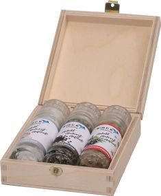 Holzbox mit süßen Mini Mühlen - 3er Set - inkl. individuell gestaltetem Etikett als Werbeartikel
