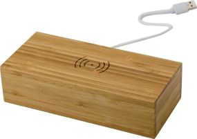 Wireless Ladepad aus Bambus mit Uhr Rosie als Werbeartikel