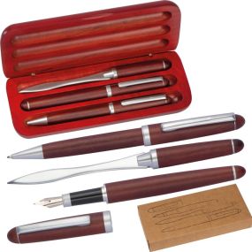 3-teiliges Holzschreibset mit Kugelschreiber, Füllfederhalter und Brieföffner als Werbeartikel