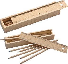 Holzbox mit 8 Buntstiften und Lineal als Werbeartikel