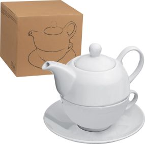 Teekanne (400 ml) mit Tasse (200 ml) und Untersetzer als Werbeartikel