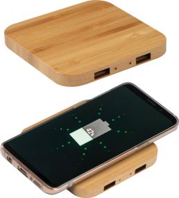 Wireless Charger aus Bambus, mit 2 USB-Hubs als Werbeartikel
