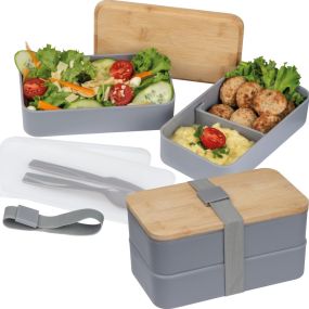 2-stöckige Lunchbox aus Kunststoff und Bambus als Werbeartikel
