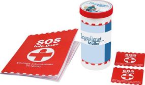 SOS-Info-Dose individuelle Banderole und Deckelaufkleber als Werbeartikel