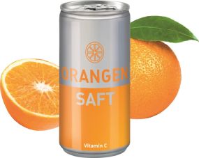 Bio Orangensaft, 200 ml, No Label Look (Alu Look) (pfandfrei) als Werbeartikel