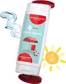 DuoPack: Hände-Desinfektionsgel + Sonnenmilch sensitiv LSF 30 (2 x 50 ml) als Werbeartikel