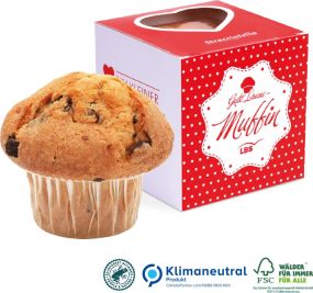Muffin Maxi im Werbewürfel mit Herzausstanzung als Werbeartikel