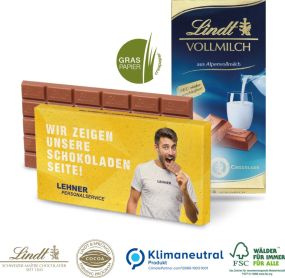 Premium Schokolade von Lindt, 100 g, Graspapier als Werbeartikel