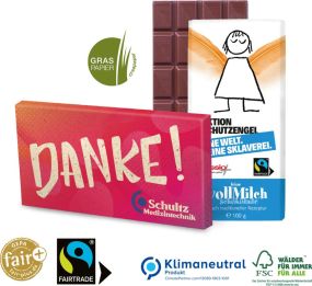 Schutzengel Schokolade, 100 g, Graspapier als Werbeartikel