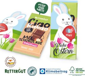 Ostergrußkarte mit Rettergut Mixschokolade, 80 g - inkl. Digitaldruck als Werbeartikel
