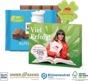 Schokotafel Ritter SPORT Kleeblatt, Klimaneutral, FSC® als Werbeartikel