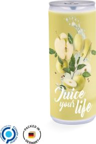 Getränke-Dose Apfelschorle, Etikett als Werbeartikel