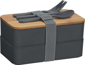 Doppel-Lunchbox mit Bambus-Schneidebrett und Besteck als Werbeartikel