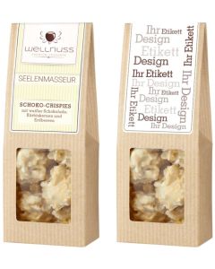 Schoko-Crispies mit weißer Schokolade, Kürbiskernen und Erdbeere