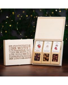 Selektion von 3 Snacks in der Birkenholzbox