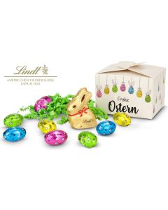 Buntes Lindt Osternest - Lindt-Osterhase mit 10 Eiern, auch in individueller Pralinenschachtel