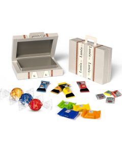 Werbekartonage Koffer-Design - Füllvariante nach Wahl - inkl. Werbedruck