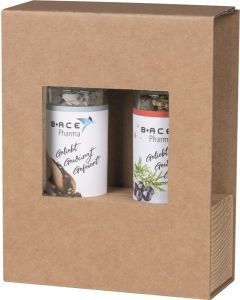 Holz-Aufsteller mit würzigen Mini Mühlen im Papp-Schuber - inkl. individuellem 4c Etikett