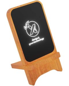 SCX.design W16 kabelloser 10-Watt-Ladeständer aus Holz mit Leuchtlogo