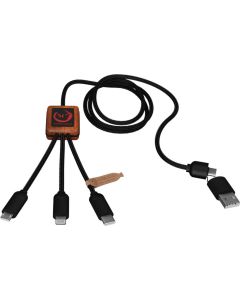 SCX.design C38 5-in-1 Ladekabel aus rPET in quadratischem Bambusgehäuse mit Leuchtlogo