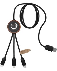 SCX.design C36 3-in-1 rPET erweitertes Ladekabel mit Leuchtlogo in rundem Bambusgehäuse