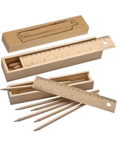 Holzbox mit 8 Buntstiften und Lineal